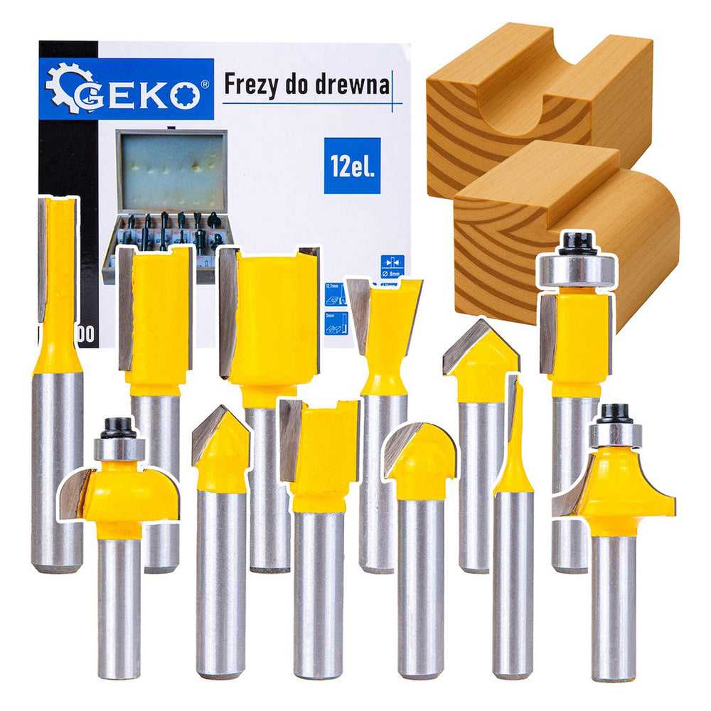 Sada tvarových fréz na drevo, so stopkou 8mm, 12ks, HSS, s dreveným boxom, Geko