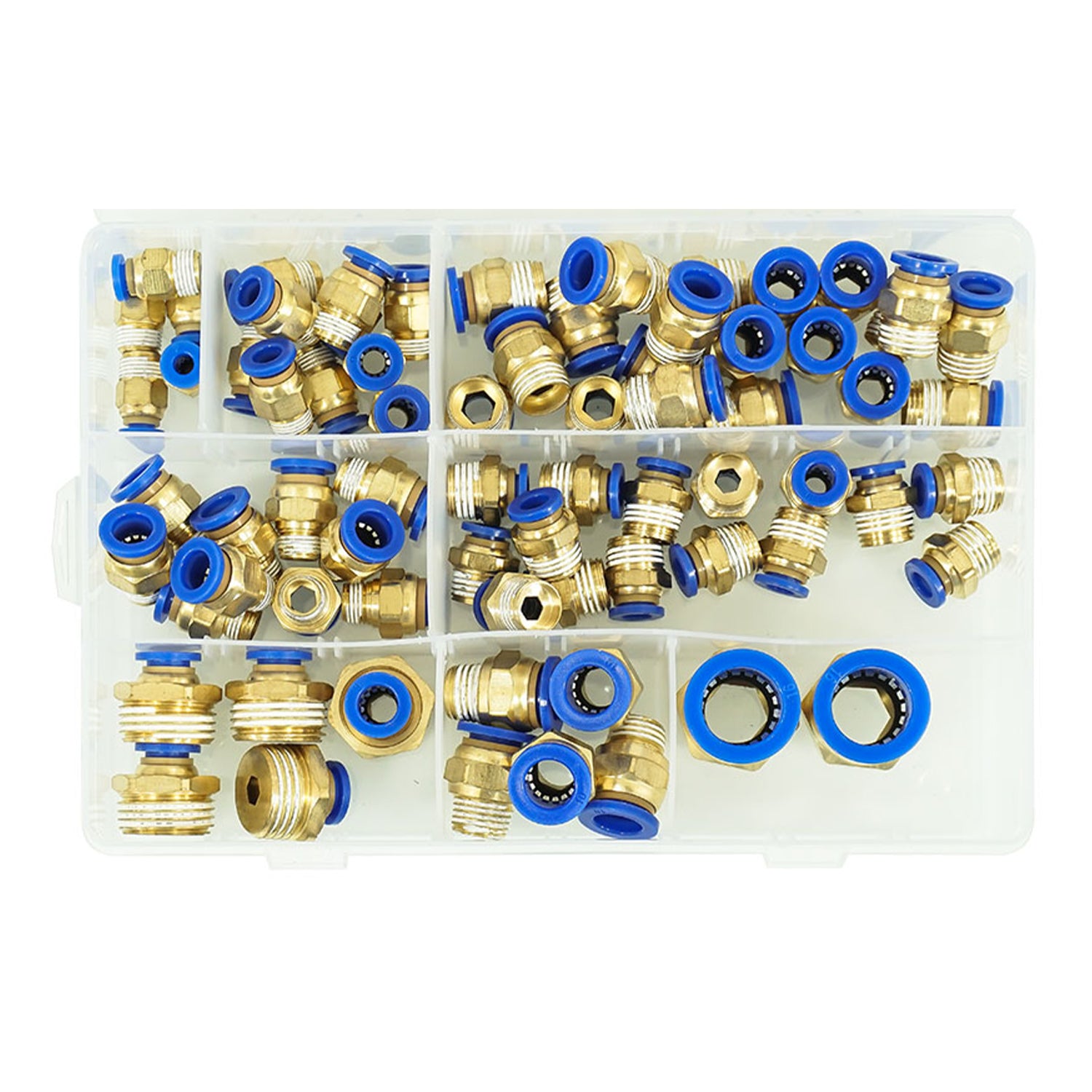 Sada zásuvných pneumatických fitingov a rýchlospojok push-in, 1/8" - 1/2", 4 - 16mm, 72ks, Verke