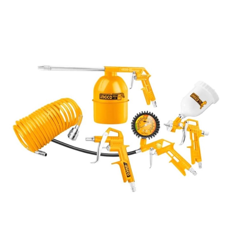 Súprava 5 príslušenstiev ku kompresoru – fúkanie, striekanie, mazanie, manometer na kolesá ingco