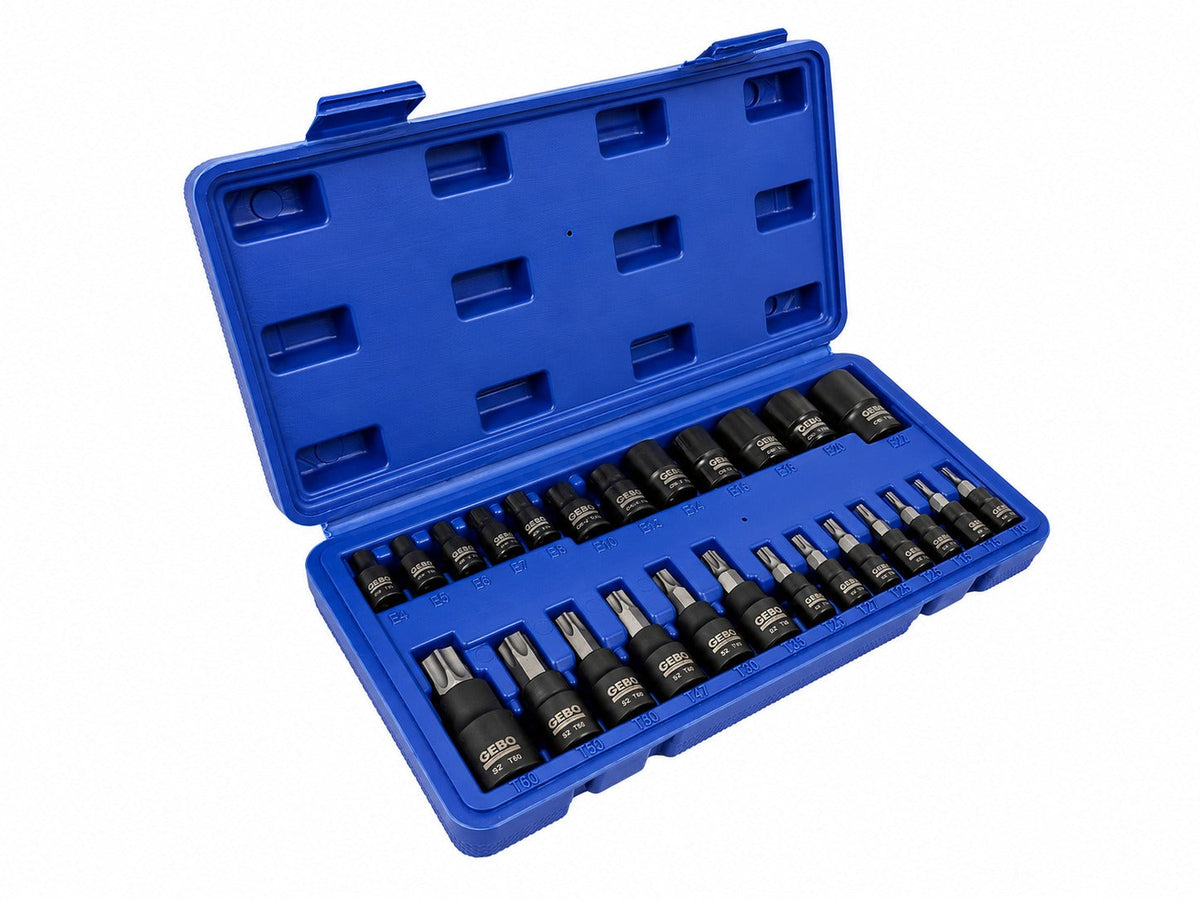 Sada Torx a E-Torx hlavíc a nástrčných kľúčov, T8 - T60 a E4 - E20, 1/4'' 3/8'' 1/2'', 25ks Gebo Tools