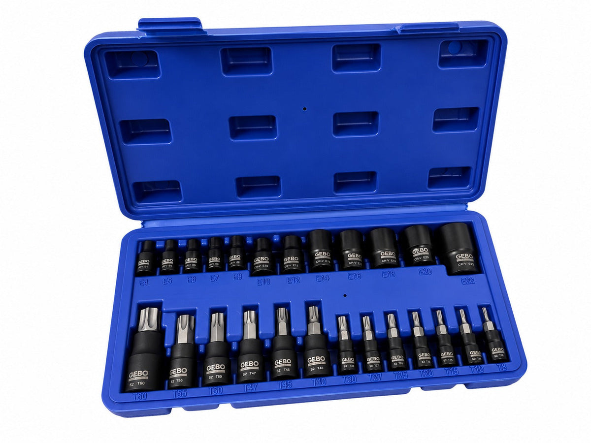 Sada Torx a E-Torx hlavíc a nástrčných kľúčov, T8 - T60 a E4 - E20, 1/4'' 3/8'' 1/2'', 25ks Gebo Tools