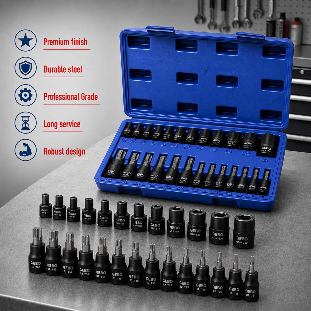 Sada Torx a E-Torx hlavíc a nástrčných kľúčov, T8 - T60 a E4 - E20, 1/4'' 3/8'' 1/2'', 25ks Gebo Tools