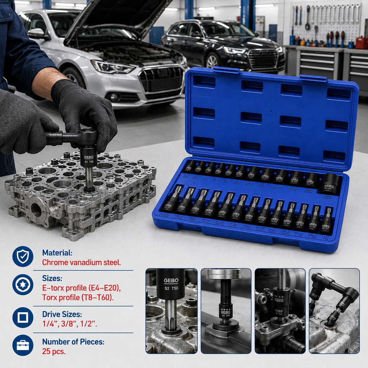 Sada Torx a E-Torx hlavíc a nástrčných kľúčov, T8 - T60 a E4 - E20, 1/4'' 3/8'' 1/2'', 25ks Gebo Tools