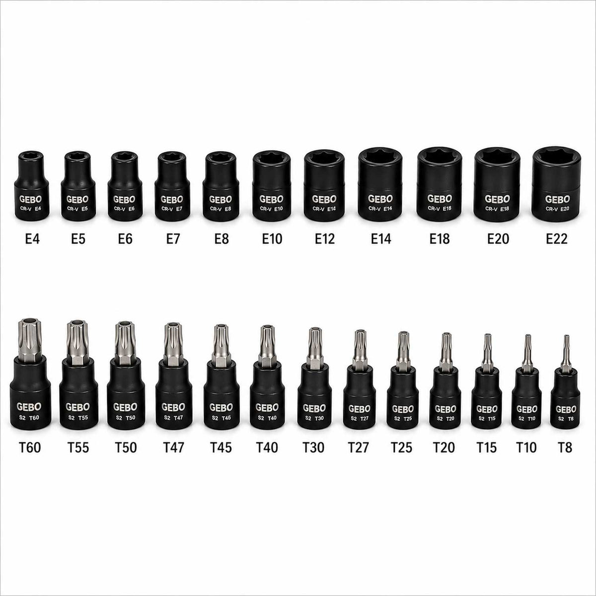Sada Torx a E-Torx hlavíc a nástrčných kľúčov, T8 - T60 a E4 - E20, 1/4'' 3/8'' 1/2'', 25ks Gebo Tools
