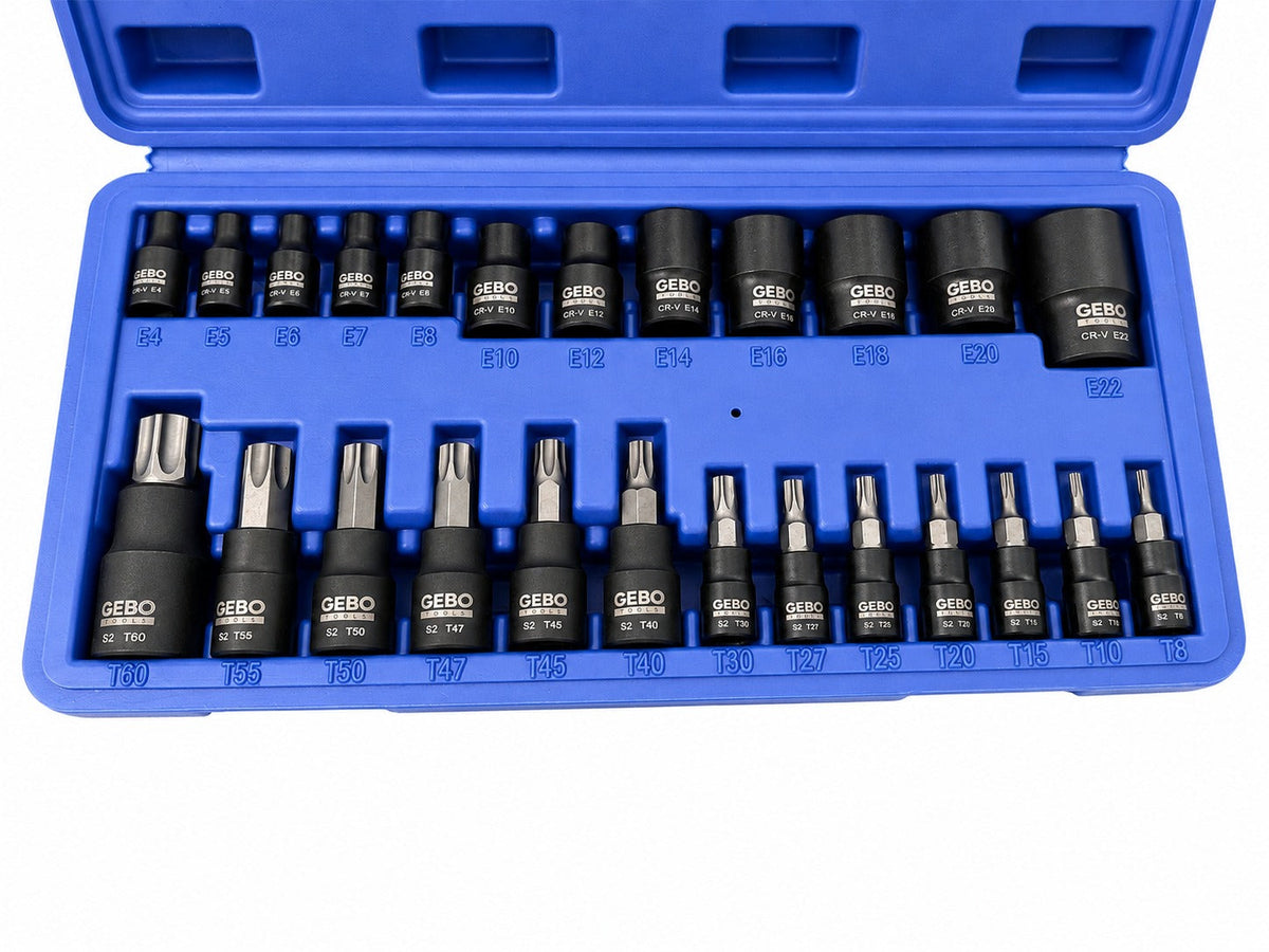 Sada Torx a E-Torx hlavíc a nástrčných kľúčov, T8 - T60 a E4 - E20, 1/4'' 3/8'' 1/2'', 25ks Gebo Tools
