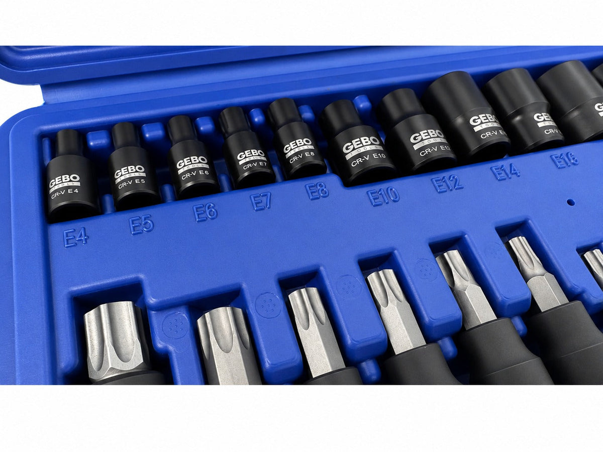 Sada Torx a E-Torx hlavíc a nástrčných kľúčov, T8 - T60 a E4 - E20, 1/4'' 3/8'' 1/2'', 25ks Gebo Tools