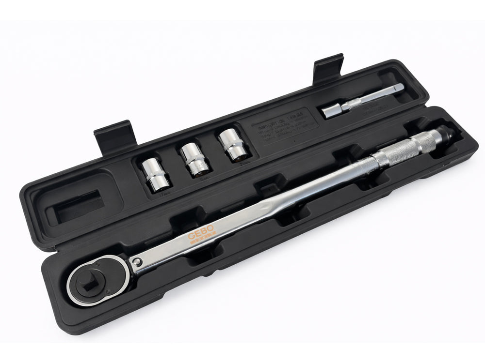 Momentový kľúč 1/2'', 28 - 210Nm, so sadou hlavíc 1/2'' 17, 19, 21mm a predlžovacím nadstavcom 1/2'' Gebo Tools