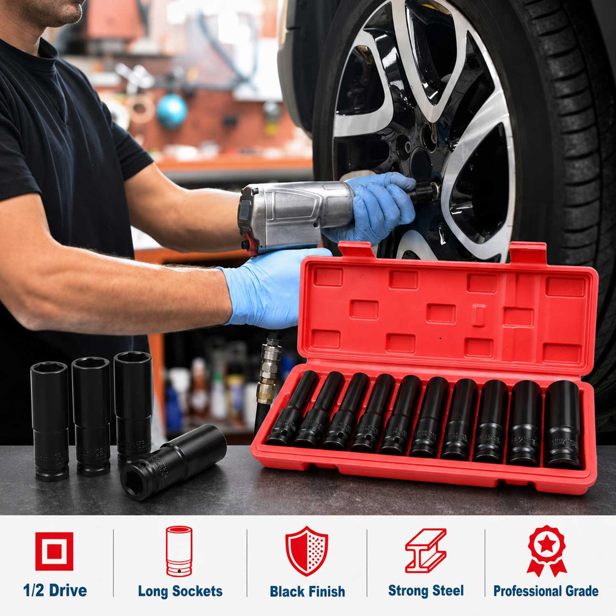 Sada nástrčných hlavíc - kľúčov 1/2", čierne, 8 - 24mm, 10ks Gebo Tools