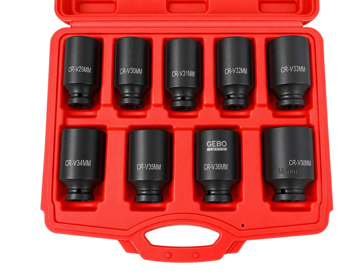 Sada rázových nástrčných hlavíc - kľúčov 1/2'' na matice poloosi, 9ks, 29 - 38mm, Gebo Tools