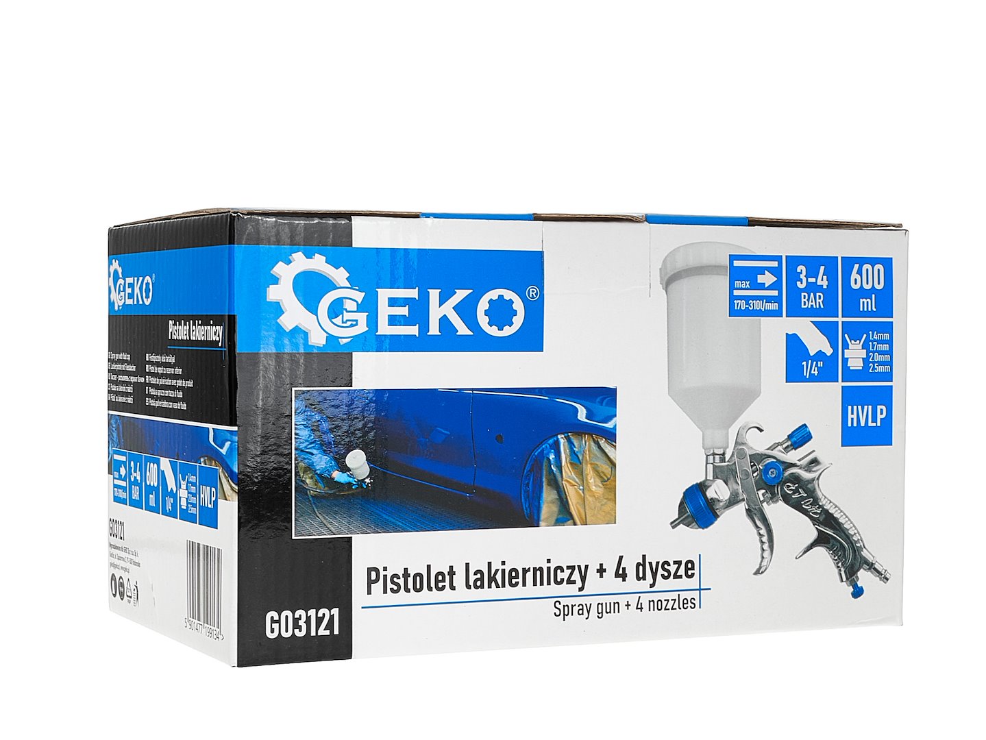 Striekacia pištoľ 600ml, HVLP, so 4 tryskami 1,4, 1,7, 2,0, 2,5mm
