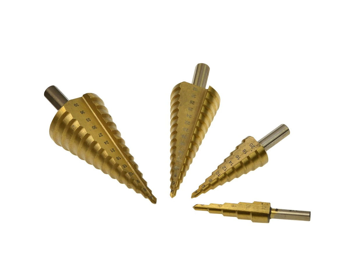 Stupňovité vrtáky HSS TiN, 4 - 12, 4 - 20, 4- 32, 4 - 39mm, sada 4ks, Geko