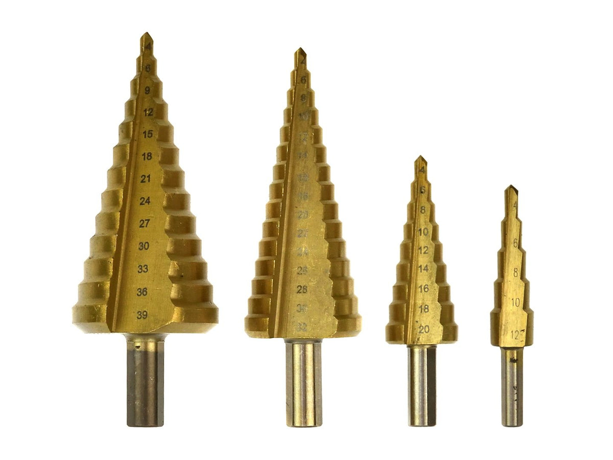 Stupňovité vrtáky HSS TiN, 4 - 12, 4 - 20, 4- 32, 4 - 39mm, sada 4ks, Geko