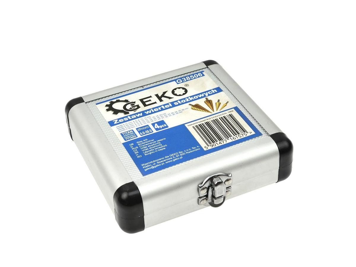 Stupňovité vrtáky HSS TiN, 4 - 12, 4 - 20, 4- 32, 4 - 39mm, sada 4ks, Geko
