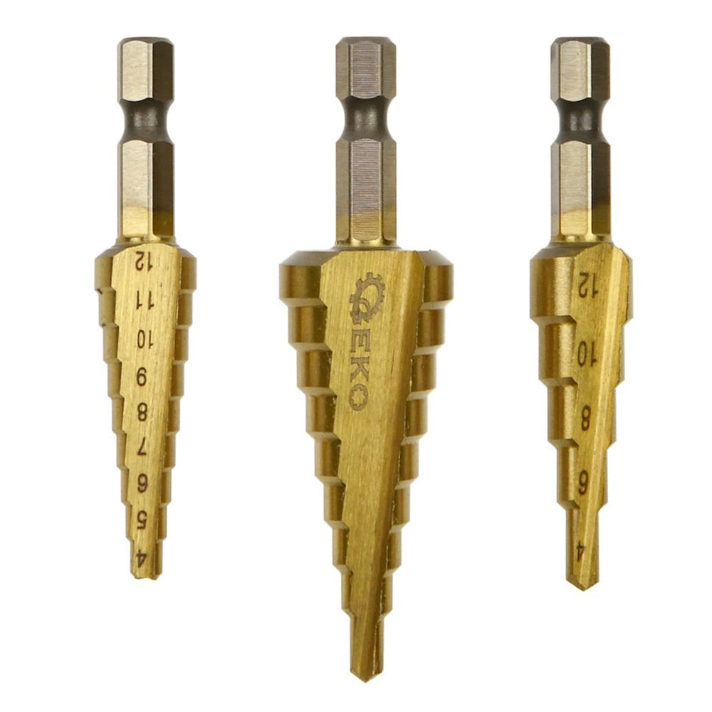 Stupňovité vrtáky HSS TiN Hex 1/4'', 3 - 12, 4 - 12, 4 - 20mm, sada 3ks, Geko