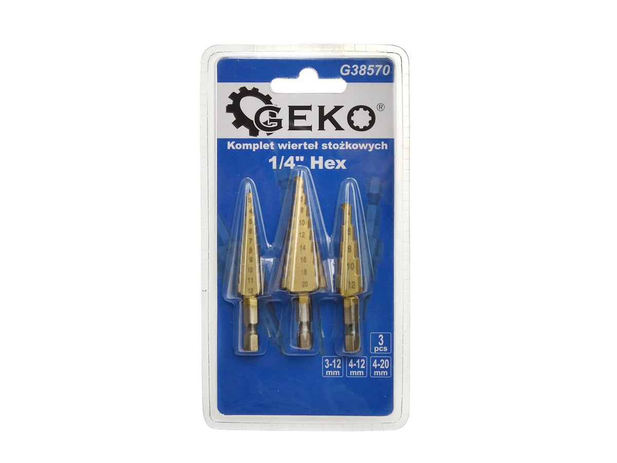 Stupňovité vrtáky HSS TiN Hex 1/4'', 3 - 12, 4 - 12, 4 - 20mm, sada 3ks, Geko