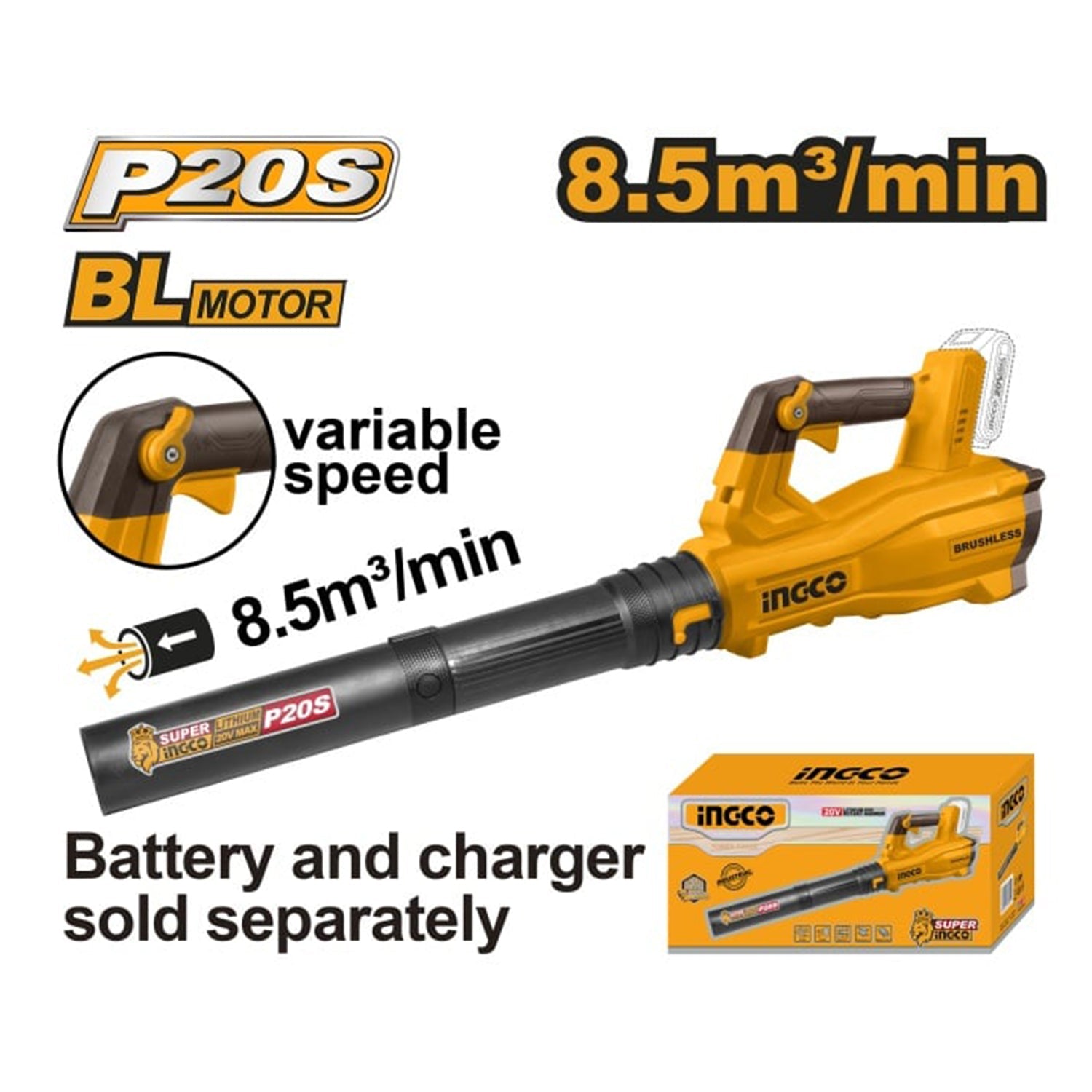 Fúkač na listy 8.5 m3/min s akumulátorom 20v, bez akumulátora a nabíjačky