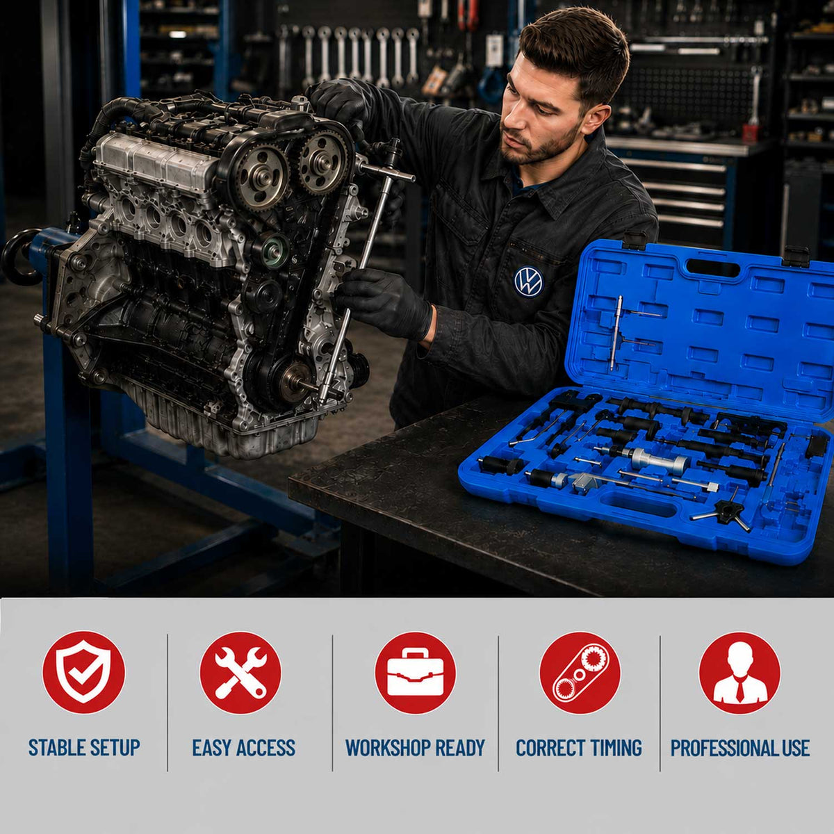 Aretačná sada rozvodov diesel a benzín VW Audi Seat Škoda 1.2 1.4 1.6 1.9 2.0 2.5 3.3 Gebo Tools