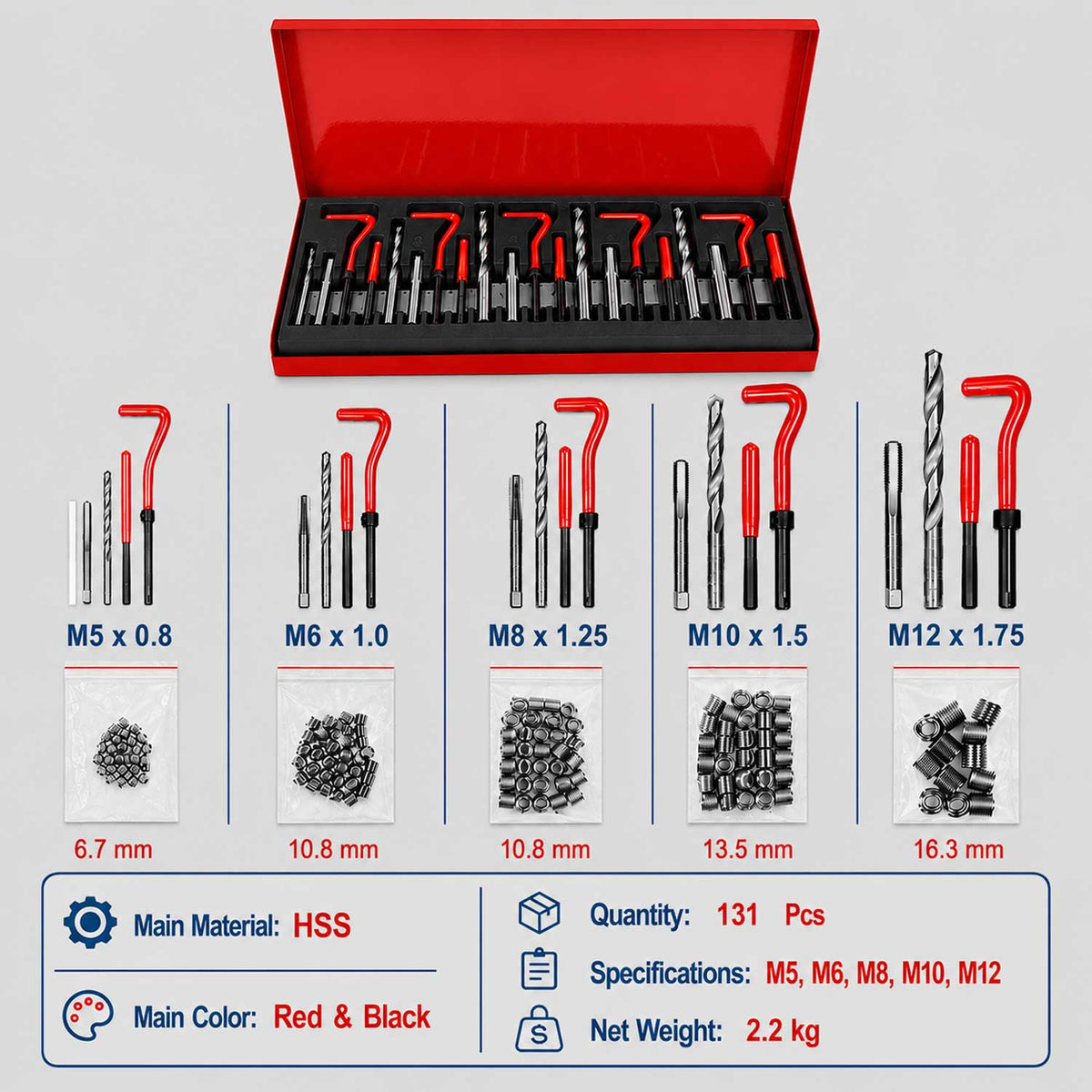 Sada na opravu závitov M5, M6, M8, M10, M12, 131ks Gebo Tools