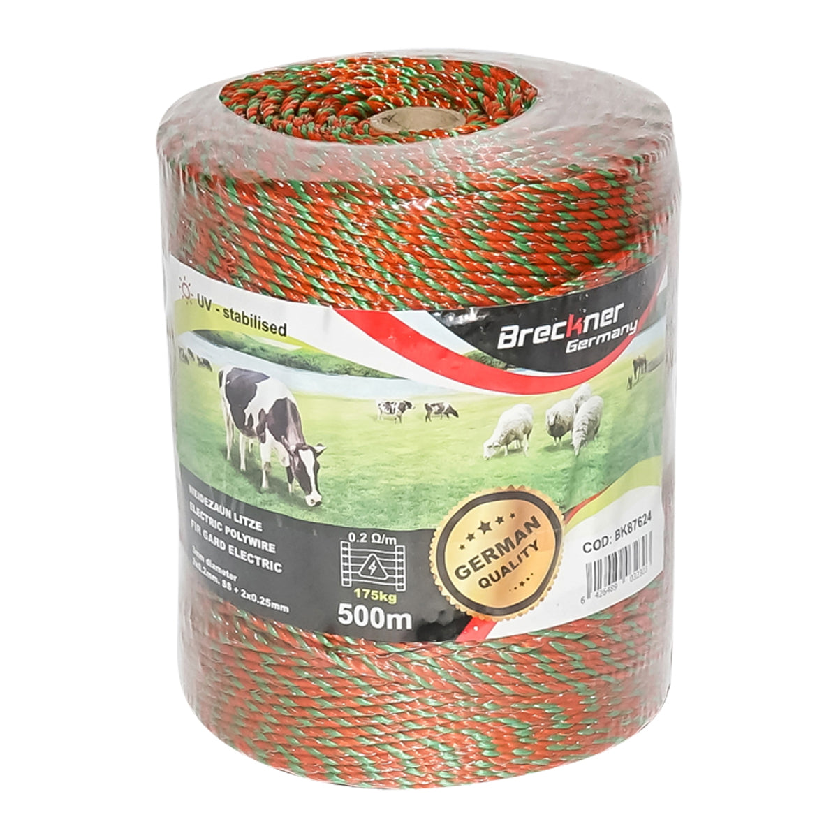 Vodivé lanko na elektrický ohradník oranžovo-zelené Ø3mm, 3 × 0,2mm SS + 2 × 0,25mm Cu, 500m Breckner Germany