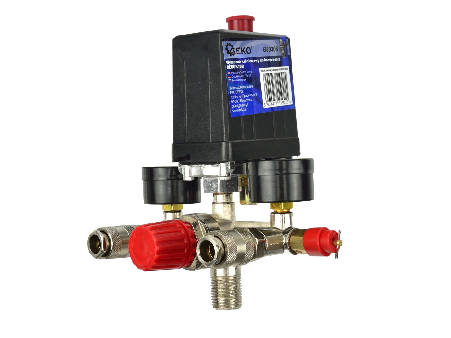 Tlakový spínač pre jednofázový kompresor s regulátorom a manometrami geko
