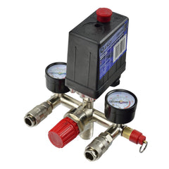 Tlakový spínač pre jednofázový kompresor s regulátorom a manometrami geko