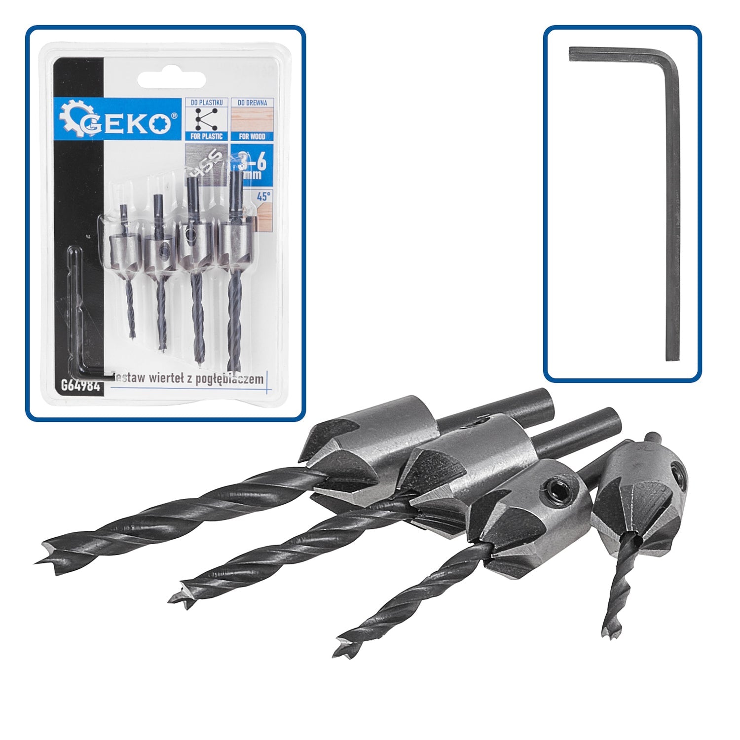 Sada 5 zápustných vrtákov do dreva so záhlbníkom